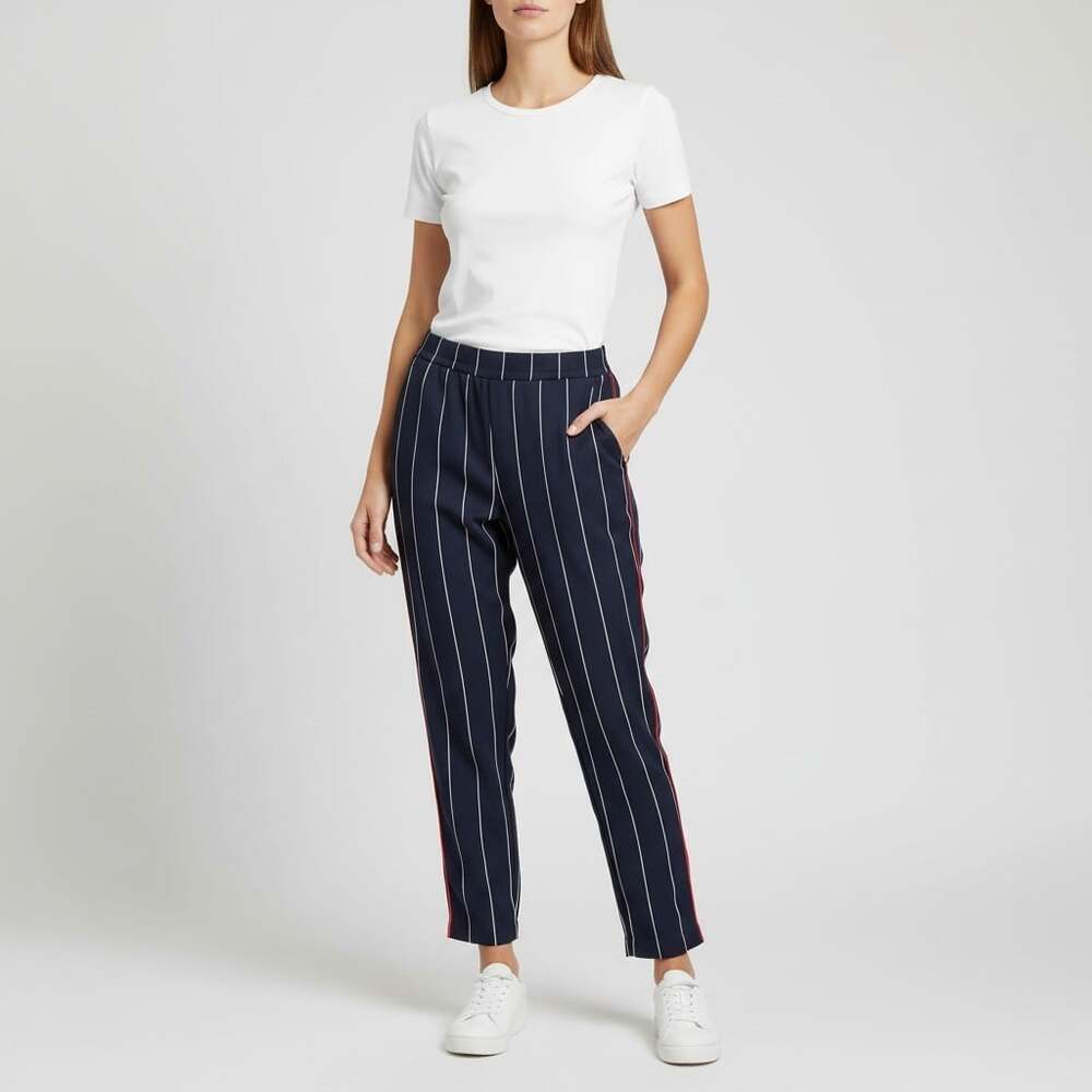 Anthropologie Ett Twa Navy Pinstripe Wide Leg Pants XS Red Side Stripe Tapered